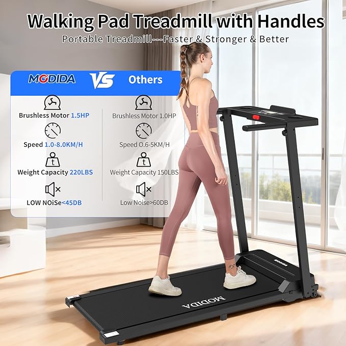 3 in 1 Walking Pad Treadmill with Handle | 1.5HP Under Desk Treadmill for Home Office | Foldable Compact Walking Jogging Running Machine | 220LBS Capacity, ≤45dB Quiet Treadmill