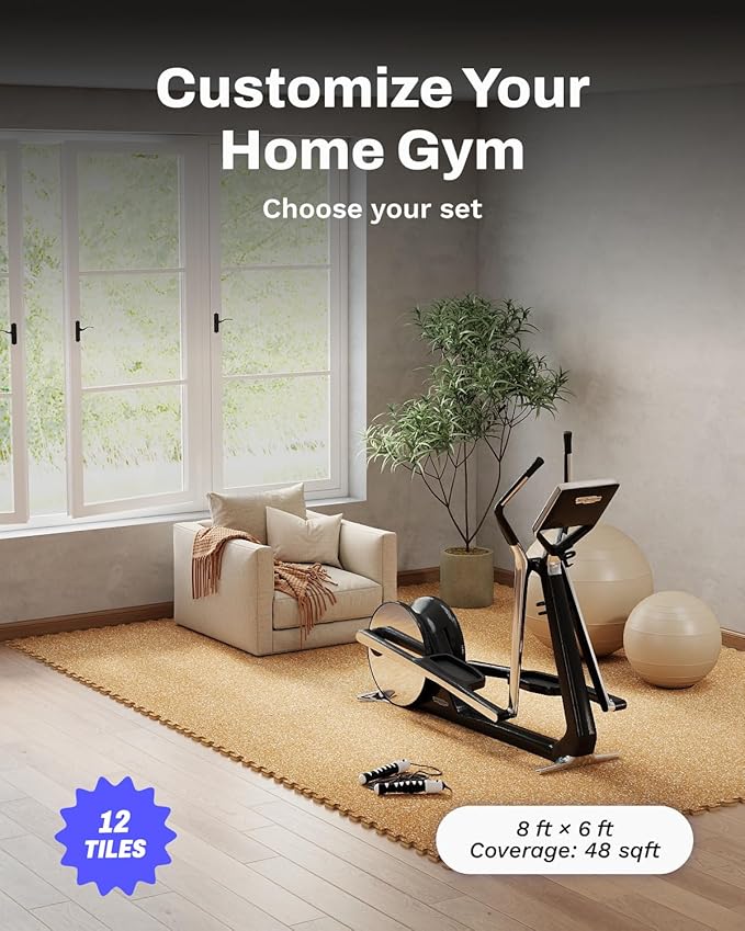AIRHOP 0.79in Thick 48 Sq Ft Exercise Equipment Mats, 12 Tiles Upgraded Rubber Top with High Density EVA Foam, Large Interlocking Puzzle Gym Flooring for Home Gym, Heavy Weight Workout,Wood