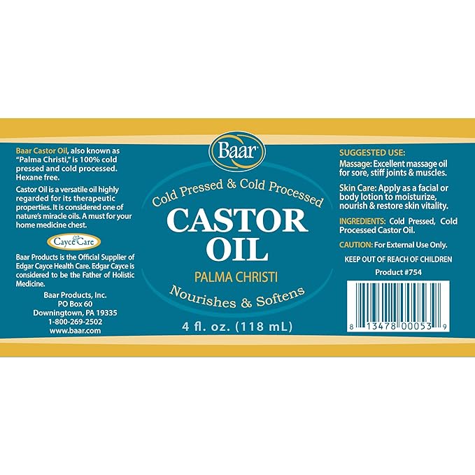 Baar Cold-Pressed, Cold-Processed, Hexane Free Castor Oil, 4 Ounces