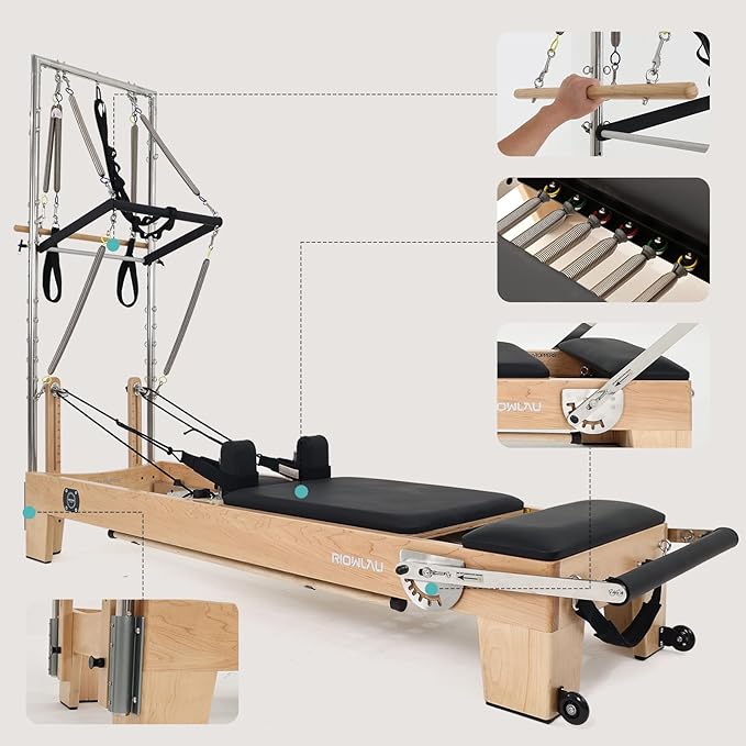 Pilates Reformer, Pilates Reformer Machine, Pilates Equipment for Home and Studio, Black Ultrafine Leather, Adjustable Resistance System