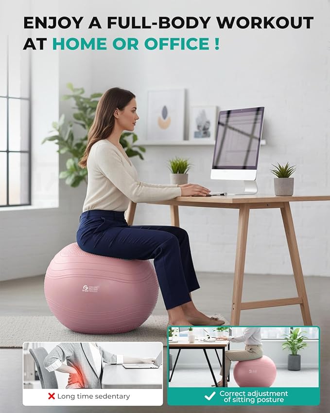 Gruper Yoga Ball, Extra Thick Exercise Ball for Workout Pregnancy Stability - 4 Sizes Anti Burst Balance Ball for Yoga, Pilates, Fitness, Birthing, Physical Therapy - Includes Pump