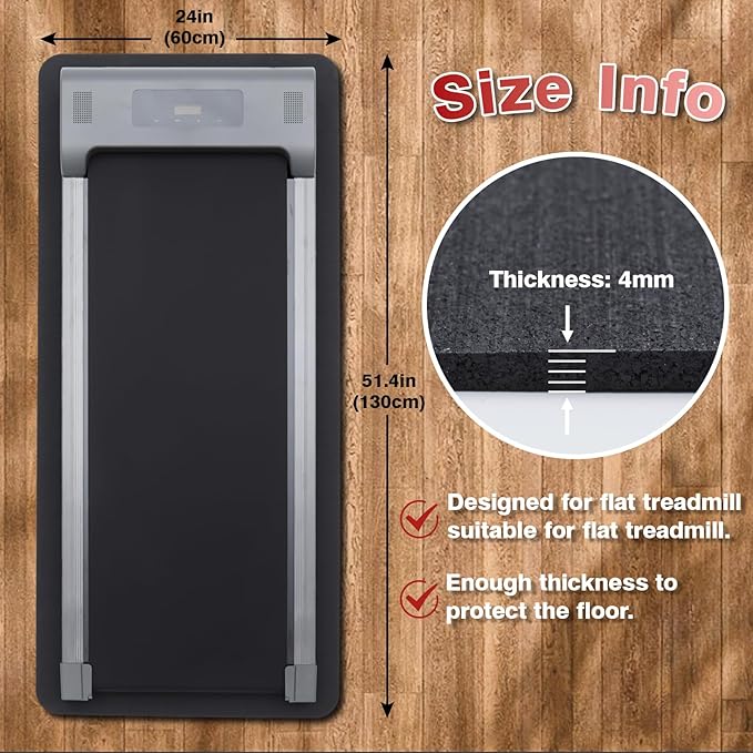 Treadmill Mat for Hardwood Floors - 100% Recycled Rubber Mat for Home Gym Flooring, Durable Workout Fitness Mats, Walking Pad Exercise Bike Equipment Mat, Non-Slip