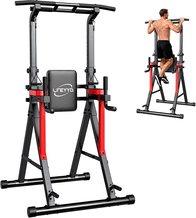 Power Tower Pull Up Bar Free Standing, 13-Level Adjustable Height Dip Station with X-Frame Stability, Multi-Grip Handles, Backrest, Anti-Slip Foot Pads, Home Gym Strength Training Equipment 400LBS
