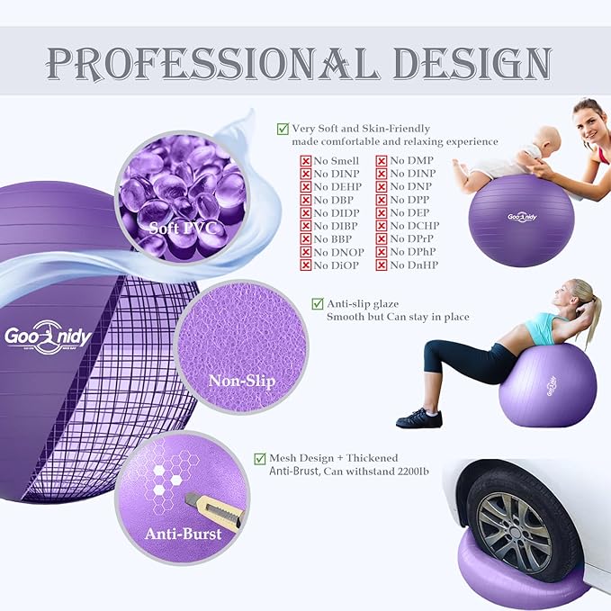 Soft Exercise Ball, Anti-Burst Pilates Yoga Ball Chair Supports 2200lb, Workout Equipment w/ Pump for Women Pregnancy, Medicine, Birthing, Physical Therapy, Stability, Excersing, Birth, Swiss, Fitness