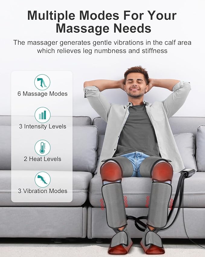 Nekteck Leg Massager for Circulation and Pain Relief, Air Compression Foot Calf Thigh Massager with 2 Heat and 3 Vibration Functions, 6 Modes 3 Intensities, Help for Muscles Relaxation