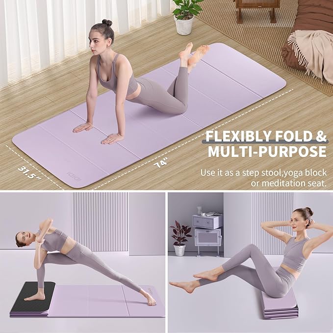 Foldable Yoga Mat Extra Thick & Large (74" x 31.5" x 0.32"), Double-Sided Non Slip & Lightweight Fitness Mat, 8mm Thick Wide Exercise Mats for Woman Man Kids, Portable Workout Mats for Travel, Studio or Home Use