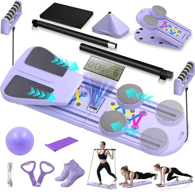 Pilates Board, Foldable Pilates Reformer Set for Home Workout with Timer, 6-in-1 Multifunctional Portable Reformer Pilates Machine at Home Pilates Equipment for Fitness, Exercise, Abs, Core Training