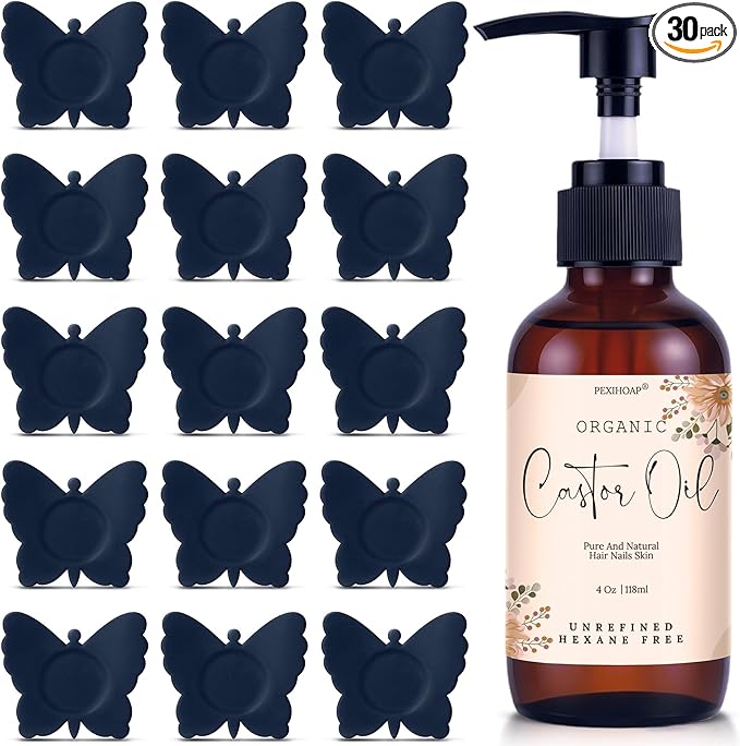 30Pcs Castor Oil Patch for Belly Button with 4oz Organic Castor Oil in Glass Bottle, for Stomach Hand Self Adhesive