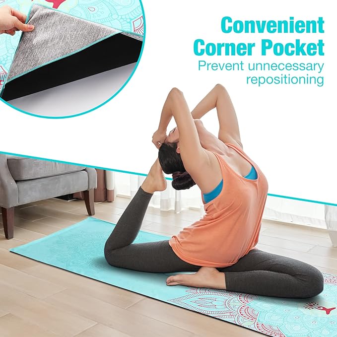 MoKo Hot Yoga Towel, Non-Slip Yoga Mat Towel with Grip Dots, 74.4"×27.3" Yoga Mat Cover for Pilates, Fitness, Meditation, Swimming Pool, Beach, Travel Yoga Mat with Corner Pockets