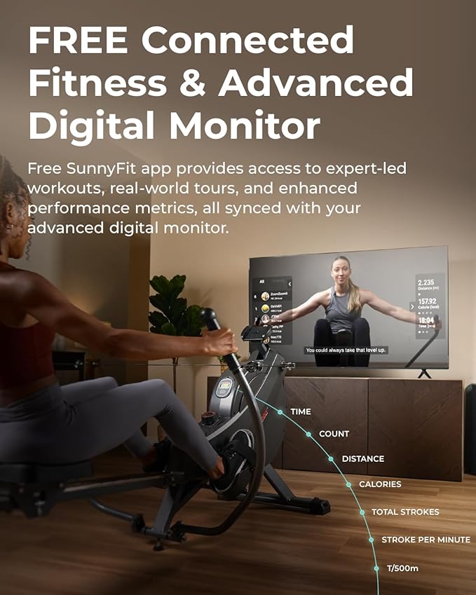 Sunny Health & Fitness Full-Motion Rowing Machine w/Adjustable Resistance, Low-Impact Full-Body Workout Rower w/Long Slide Rail, Space-Saving Design, Free SunnyFit App Connection