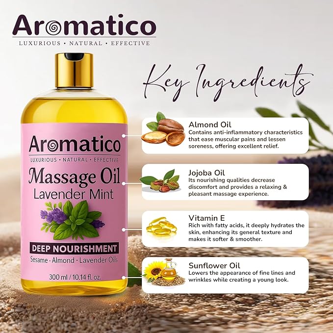 Lavender Mint Massage Oil with Sesame, Almond & Jojoba Oils. Non-Sticky, Safe & Natural Ingredients – 10 Fl Oz