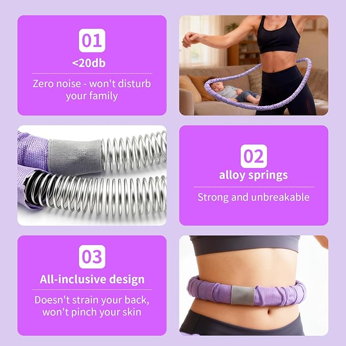 2 lbs Weighted Soft Velvet Hula Hoop Women, Spring Exercise Fitness Hoop Weight Loss Adults Collapsible Portable, No Bruising, for Core Strengt, Waist Toning&Fat Burning, Home Travel Workouts (Purple)