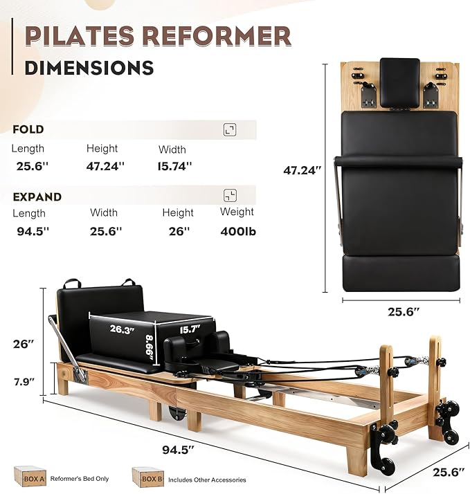 Pilates Reformer Machine, 95" Foldable Studio Grade Pilates Equipment with Adjustable Reformer Heights for Gym, Studio and Home, Oak Wood Pilates Reformer with Jump Board
