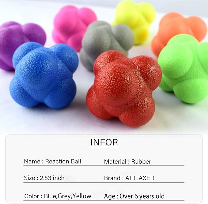 AIRLAXER Reaction Ball,Reflex Ball for Hand Eye Coordination Training,2.83 inch,Pack of 3-Blue,Yellow,Grey