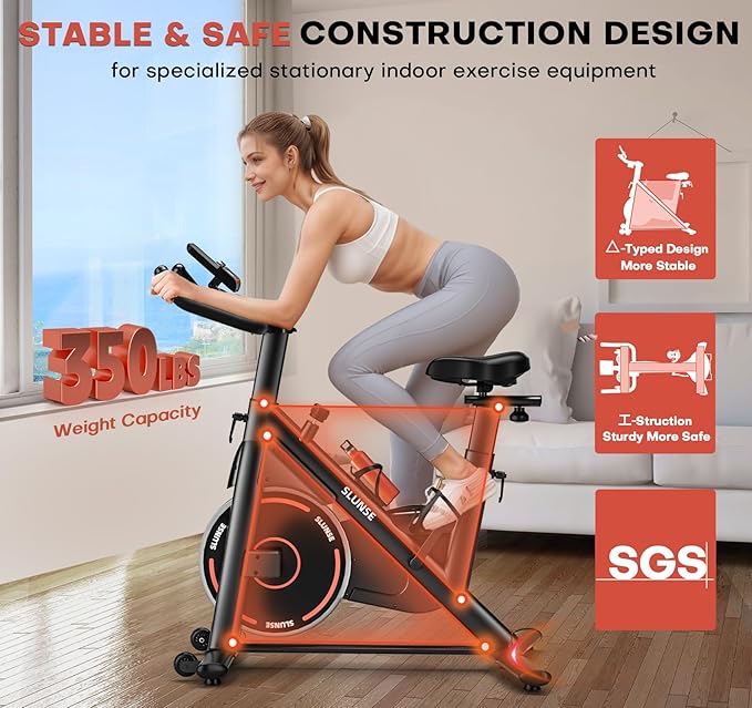 Exercise Bike, Magnetic Resistance Stationary Bikes for Home with App Compatible, Silent Indoor Cycling Bike with 350lbs Weight Capacity Comfortable Seat, Digital Monitor & Phone Mount