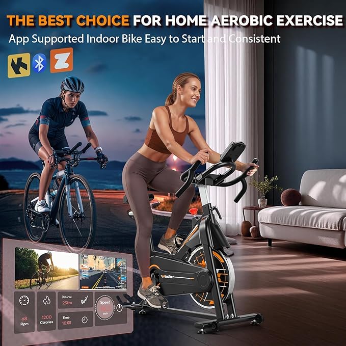 Exercise Bike, Wenoker Stationary Bike for Home App Sync Indoor Bike with Adjustable Seat and Multi-grips Handlebar, Transport Wheels and Fitness Courses for Weight Loss