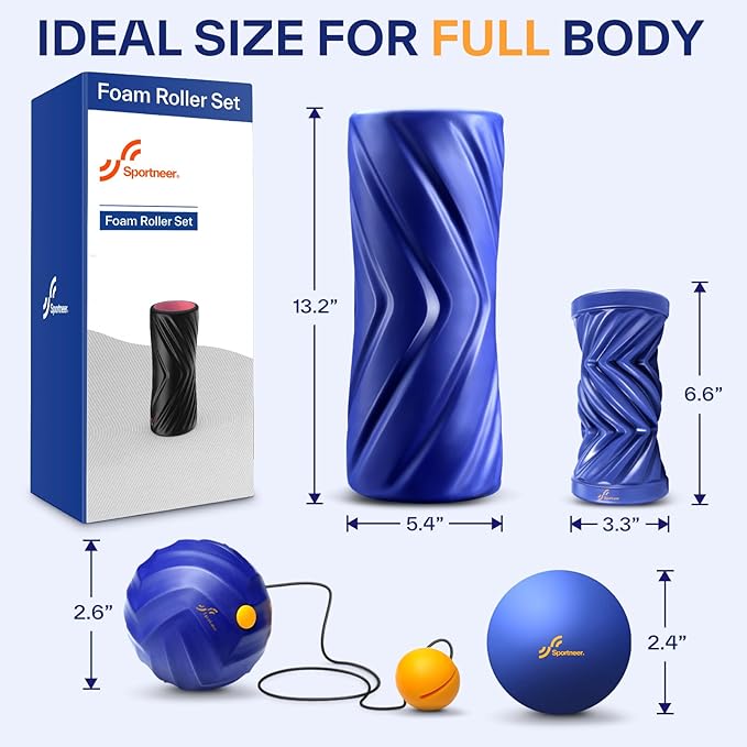 Sportneer 4 in 1 Foam Set, Muscle Relax Kit with 2 Textured Foam Rollers, Stringed Exercise Ball, Lacrosse Ball for Muscle Shoulder Back Leg Whole Body Relax Fitness Yoga