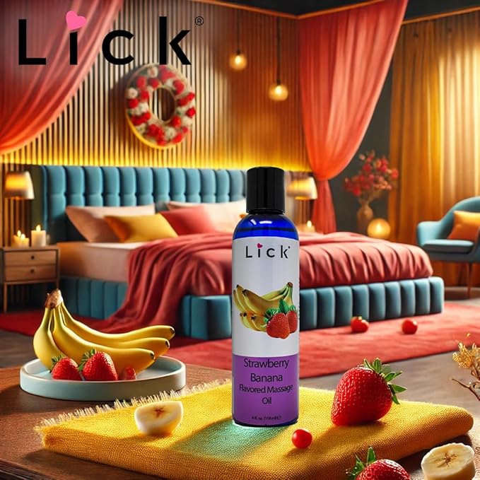 Lick Strawberry Banana Flavored Massage Oil – Sweet Creamy Fruit Edible Massage Oil with Vitamin E, Smooth Body-Safe Glide for Couples Massage & Relaxation, 4 oz