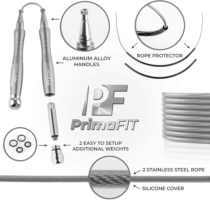 PrimaFIT Jump Rope Pro Speed Skipping Rope Adjustable Adult Jumping Rope Weighted Aluminium Handles for Double Dutch Boxing Workout Crossfit Exercise Fitness Spare Cable Weights Protectors Carry Bag