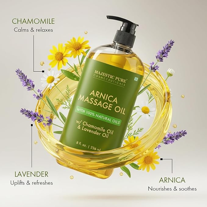 MAJESTIC PURE Arnica Massage Oil for Massage Therapy - Refreshing, and Relaxing - Natural Oils for All Skin Types - Men and Women Massage Lotion- 8 fl oz