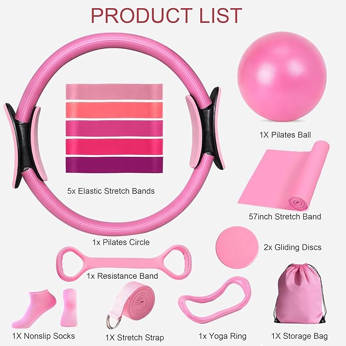 Pilates Kit for Home Workouts, Pilates Equipment Set with Ring, Ball, 5 Resistance Bands, Magic Circle Hoop, Gliding Discs, Compact Toning Fitness Essentials Starter Accessories Pilates Sets for Women