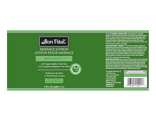 Bon Vital', Organica Massage Lotion, 1/2 Gallon, Lightweight Massage Lotion for Massage Therapy and Bodywork, Certified Organic Ingredients, Unscented, Professional Spa Use