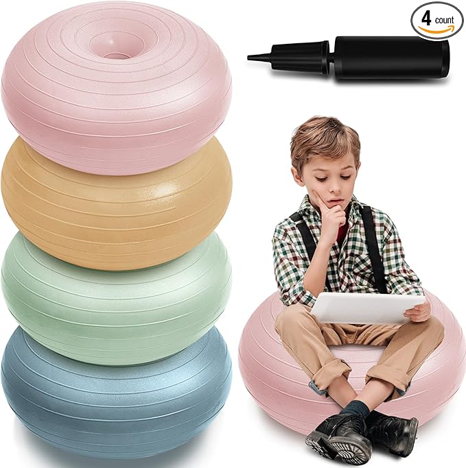 Lewtemi 4 Pcs Flexible Seating for Classroom Elementary 20 Inch Yoga Ball Chair Inflatable Donut Ball Chair with Inflator for Kids Student Sensory Balance Office Exercise