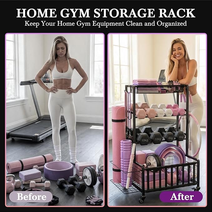 Dumbbell Rack, Adjustable Weight Rack for Home Gym, Heavy-Duty Workout Storage Organizer for Dumbbells Kettlebells Yoga Mat and Balls, Exercise Equipment Holder with Wheels & Hooks
