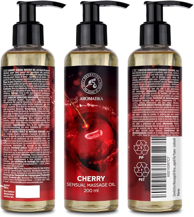 Cherry Sensual Massage Oil for Couple 6.8 Fl Oz - Massage Oil - Blend of Almond and Grapeseed Oils - Body Oil for Him & Her - for Couples - Romantic Gift - Relaxing Massage Oil