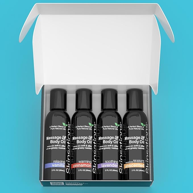 Skinsations – Massage Oil Gift Set – Variety Set for Couples, Travel Size (4 × 2oz) – Lightweight, Non-Greasy, Hydrating Body Oils for Relaxation & Gifting – Vanilla, Cinnamon, Lavender & Unscented