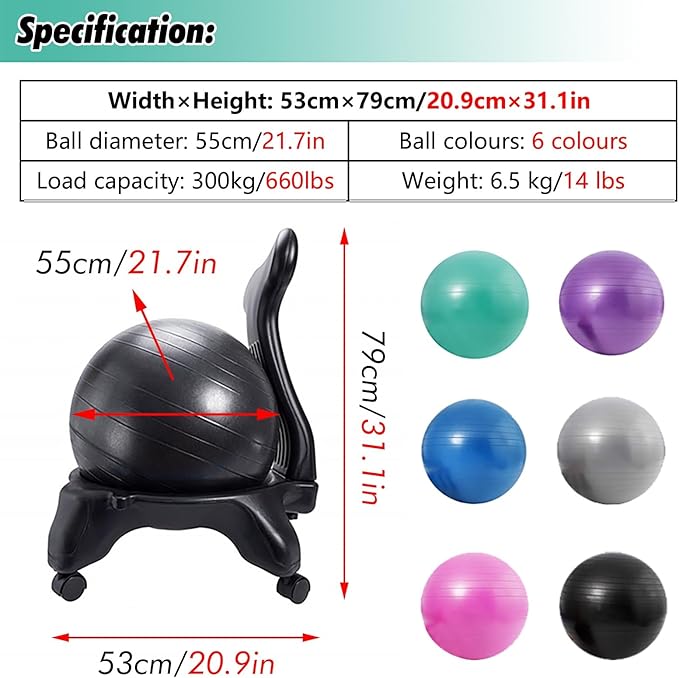 Active Sitting Exercise Ball Chair, Adjustable Posture Ball for Desk/Heavy Duty Pilates Ball for Chair Back with Rolling Wheel, Protection Legs/Spine Sensory Ball Chairs(Purple)