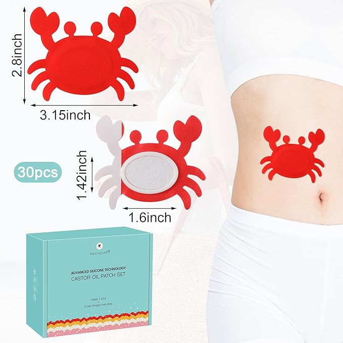 30Pcs Castor Oil Patch for Belly Button with 4oz Organic Castor Oil in Glass Bottle, Castor Oil Pack Belly Button Patches for Stomach Hand Self Adhesive (30pcs Crab Pack with Oil)