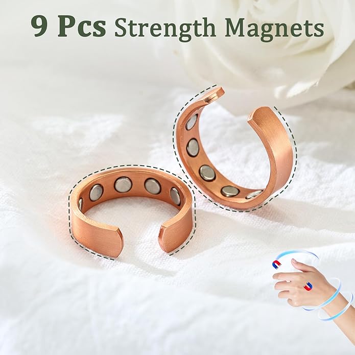 MagEnergy 2PCS Copper Rings for Men & Women, 99.9% Pure Copper Magnetic Adjustable Thumb Ring with Strong Magnet, Jewelry Gift with Present Box