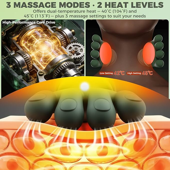 Shoulder & Neck Massager with Heat, 4D Bionic Heated Neck Massager with Fingers Simulates a Real Palm Massage for Comfort, 3 Intensity Levels + 2 Heat Settings Relax Muscle Tension