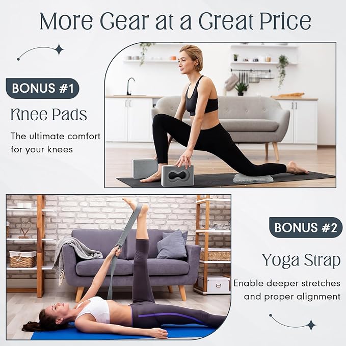 2 Pack Yoga Blocks Wrist Support Yoga Blocks with Knee Pads and Strap to Put Less Weight on Wrist Improve Comfort and Grip, EVA Foam Pilates Exercise Balance Stretching Accessories