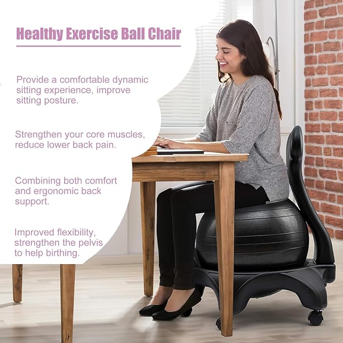 Exercise Ball Chair Stand with Backrest, Rolling Active Sitting Chairs Base, Stability Yoga Ball Chair Base for Core Strength/Sitting Balance