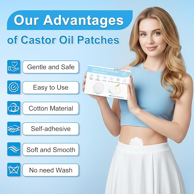 Castor Oil Patches, 60pcs Caster Oil Pack Wrap XL Size, Disposable Cotton Self-Adhesive Pads for Belly Button, Navel, Abdomen&Targeted Care|Leak-Proof & Breathable, No-Wash