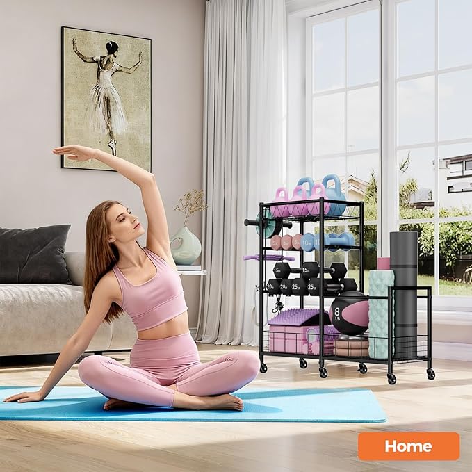 HavenlyYouth Dumbbell Rack, Home Gym Weight Rack Storage, Adjustable Dumbbell Stand Organizer with Wheels, Holds Dumbbells, Kettlebells, Yoga Mats