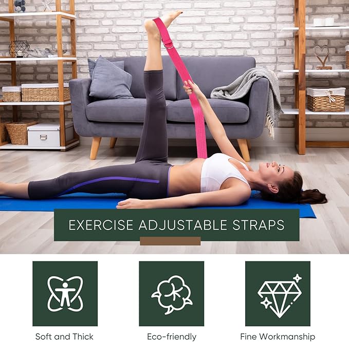 10 Pcs Yoga Strap 8ft Yoga Stretching Exercise Band Stretching Belt with Adjustable Metal D Ring Buckle Loop for Pilates, Dance, Physical Therapy, Gym Workout