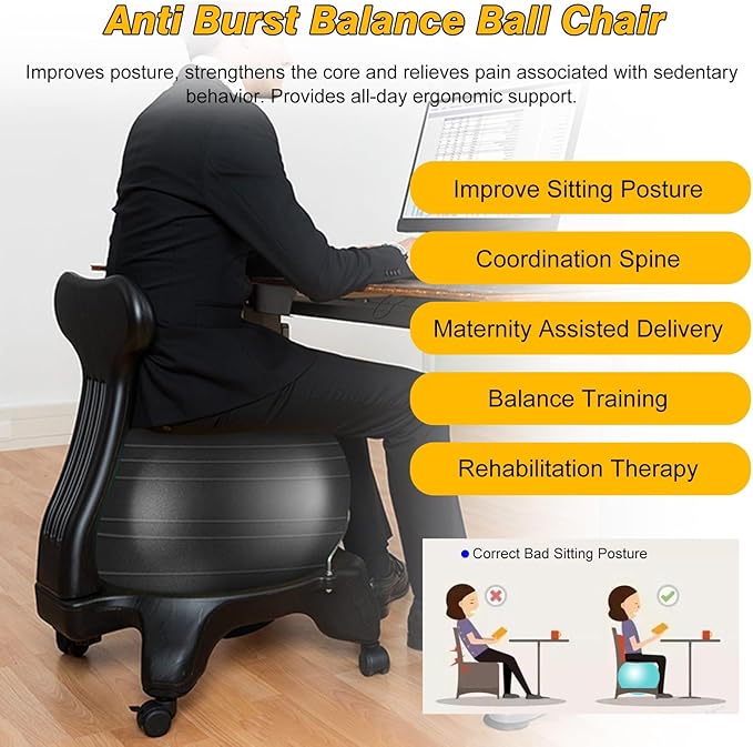 Home Office Ball Chair, Pilates Exercise Yoga Ball Desk Chairs with Ergonomic Chair Back for Improves Back Pain, Core Strengthening Stability Ball Chair