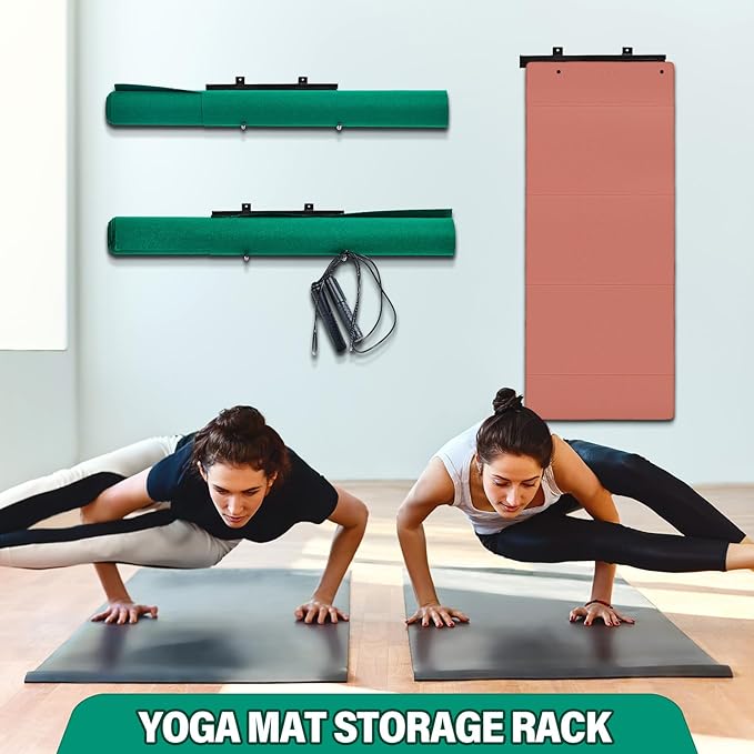 Tandefio Yoga Mat Wall Mount Rack Adjustable Exercise Mat Storage Shelf Hanging Foam Roller Organizer with 2 Hooks for Fitness Home Gym Workout