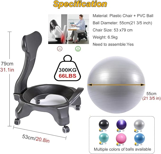 Home Office Ball Chair, Pilates Exercise Yoga Ball Desk Chairs with Ergonomic Chair Back for Improves Back Pain, Core Strengthening Stability Ball Chair