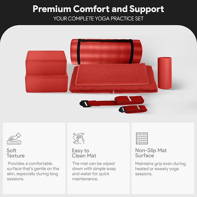 BalanceFrom 7-Piece Yoga Set with 71x24x1 Inches Extra Thick Mat and Carrying Sling – Includes 2 Blocks, Stretch Strap, 2 Towels, and Knee Pad for Home, Studio, and Gym Workouts