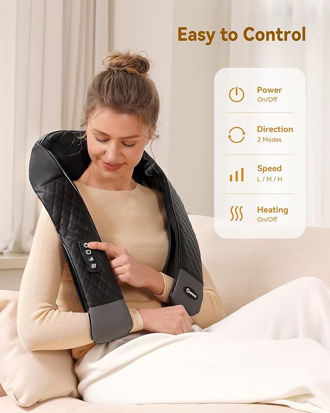 Neck Massager with Heat, Shiatsu Neck and Back Massager, 4D Deep Tissue Kneading for Neck,Back,Shoulder, Body Muscle Pain Relief, Leather Handbag for Storage, Gift for Men Women Mom Dad, Plug-in Use