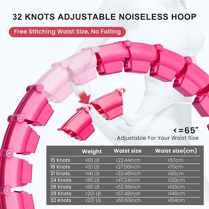 Plus Size Silent Weighted Hula Infinity Fitness Detachable Hoops 65-Inch 32 Knot, Smart Noiseless Infinity Hula for Women, Waist and Abdominal Home Weight Loss Exercise Fit Hoop