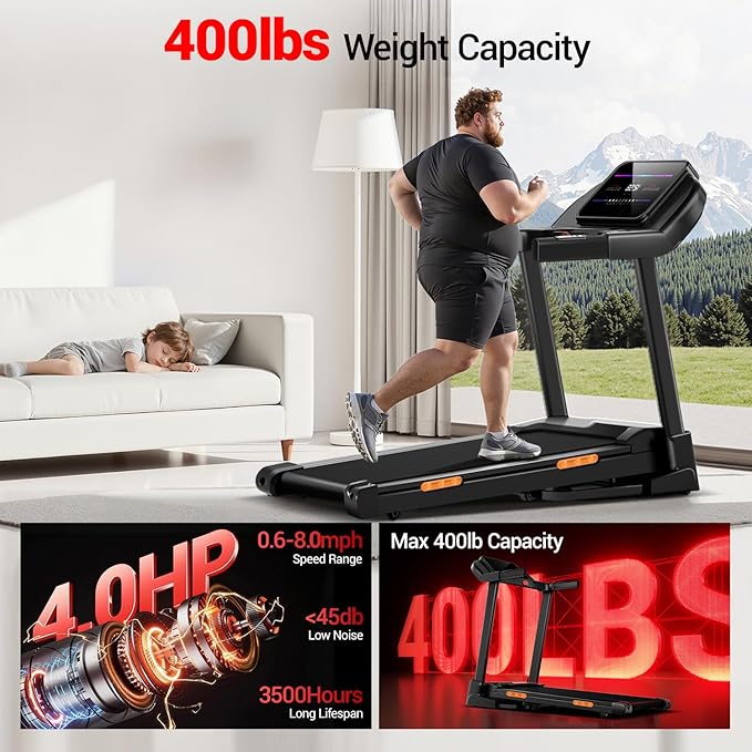 UMAY Fitness 2%-20% Auto Incline Foldable Treadmill, 4.0HP,400lb Capacity Handle Running Treadmills for Home 8.0MPH Max Speed Running Machine with Pulse Sensors