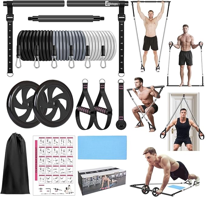 Pilates Bar Kit with Resistance Bands,Ab Roller,2 in 1 Foot Strap & Handle,Door Anchor Pilates Equipment with Resistance Bands, Portable Home Gym Yoga Fitness Bar for Women & Men