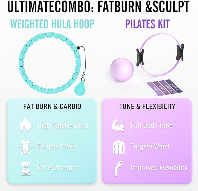Weighted Hula Infinity Hoop & Pilates Ring Kit Bundle- Infinity Fitness Hoop for Weight Loss Plus Magic Circle, Resistance Bands, and Ball Set- Home Workout Equipment for Abdomen & Full Body Toning