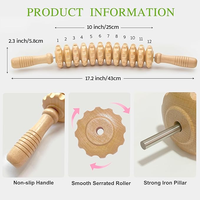 Wooden Curved Handheld Roller Stick Massager - 12 Rollers Wood Therapy Tool for Trigger Point, Fascia & Cellulite Reduction, Lymphatic Drainage, Muscle Tension Relief & Body Shaping (Wood)