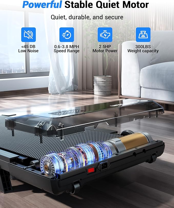 DeerRun Under Desk Walking Pad Treadmill with 6% Manual Incline, 0.6-3.8 MPH Walking Speed, 2.5 HP, 300 lb Capacity, App & Remote Control, for Home Office & Small Spaces